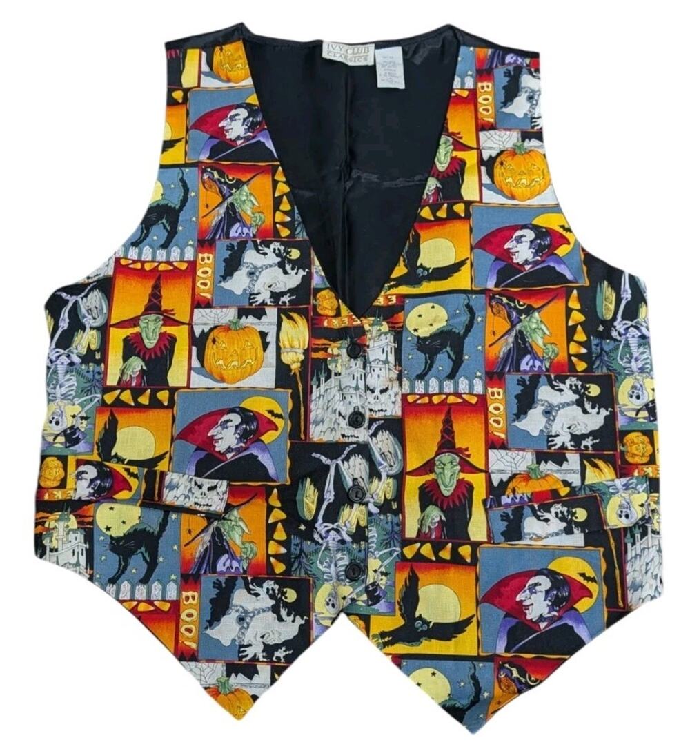 Vintage 90s Halloween Vest Medium Ghosts Pumpkins Bats Black Cat Witch Costume H